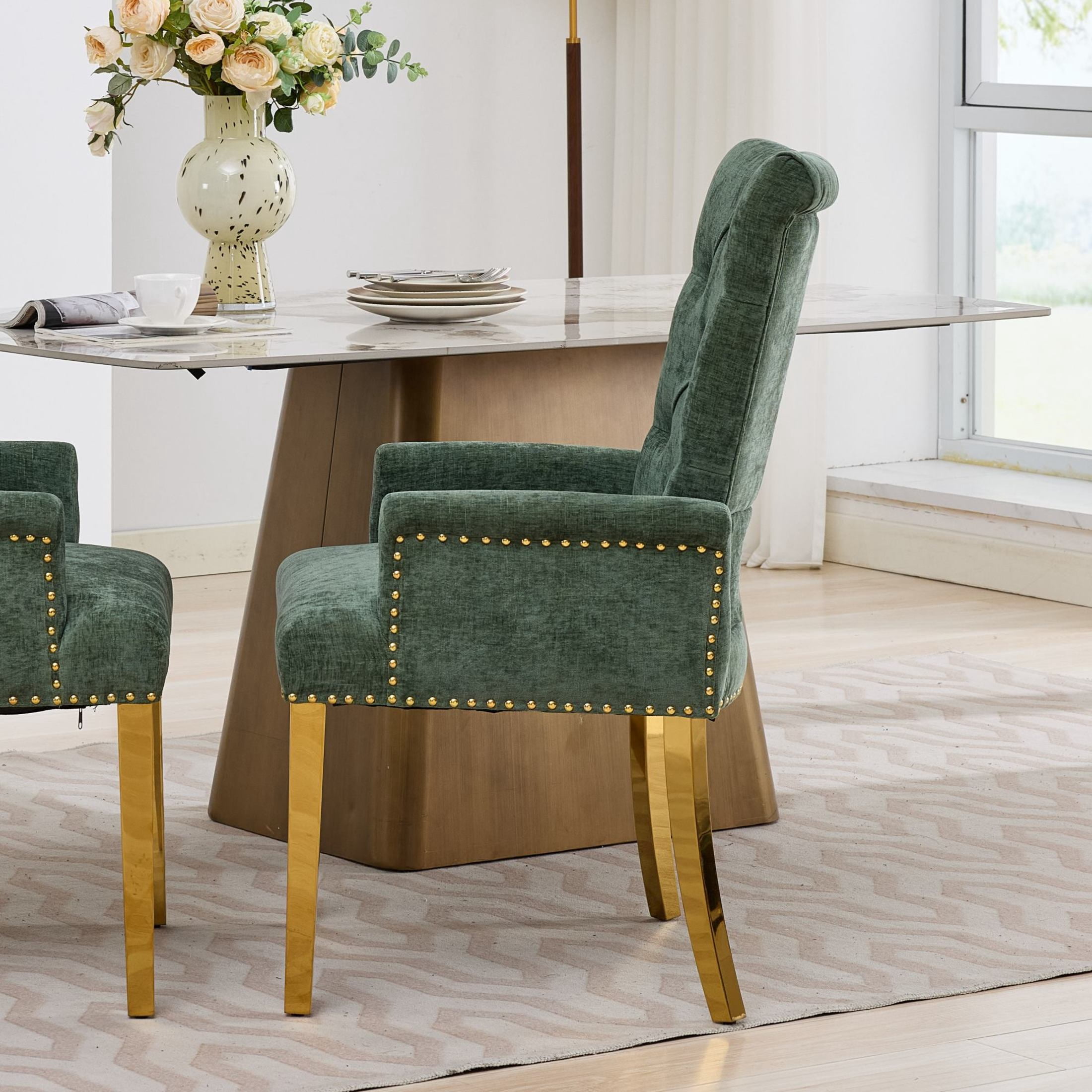 GDF Studio Upholstered Dining Chair with Button-Tufted Back, Nailhead Trim, Stainless Steel Legs, Olive Green