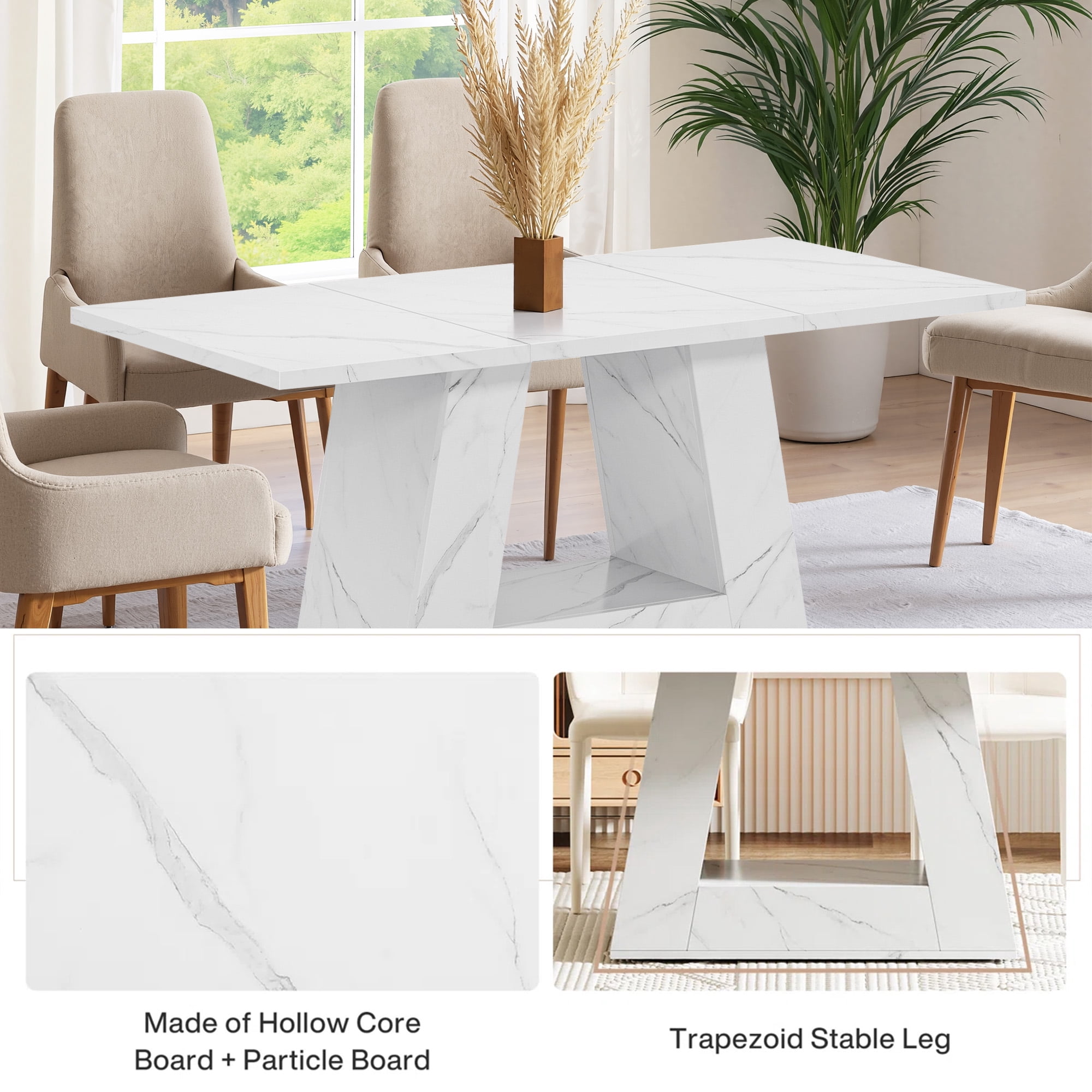MAYEERTY 63" Faux Marble Dining Table for 4-6 People, Modern Kitchen Table with Trapezoidal Legs, Multi-Purpose Desk & Easy Assembly for Home