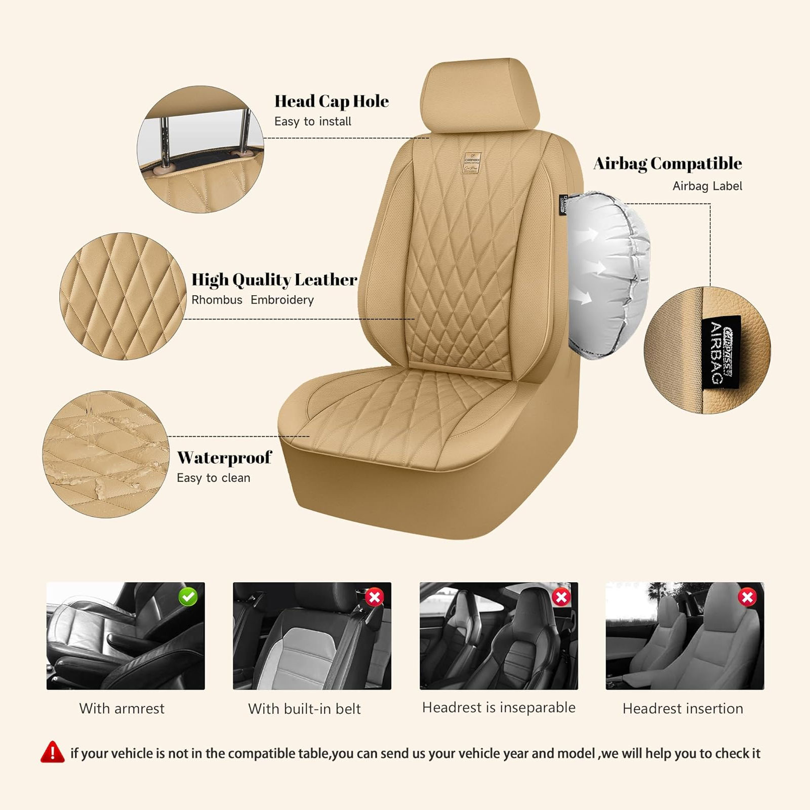 CAR GRAND Piping Luxury Faux PU leather Full Set Car Seat Covers Water Proof Armrest Airbag Compatible Universal Fit SUV VAN Truck All beige
