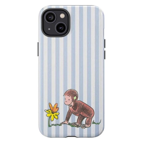 Cute Curious Monkey with Butterfly Phone Case, Charming Cartoon Animal on Blue Stripe Background, Artistic iPhone Cover for iPhone 17 16 15 14 13 12 11 Plus Pro Max Mini