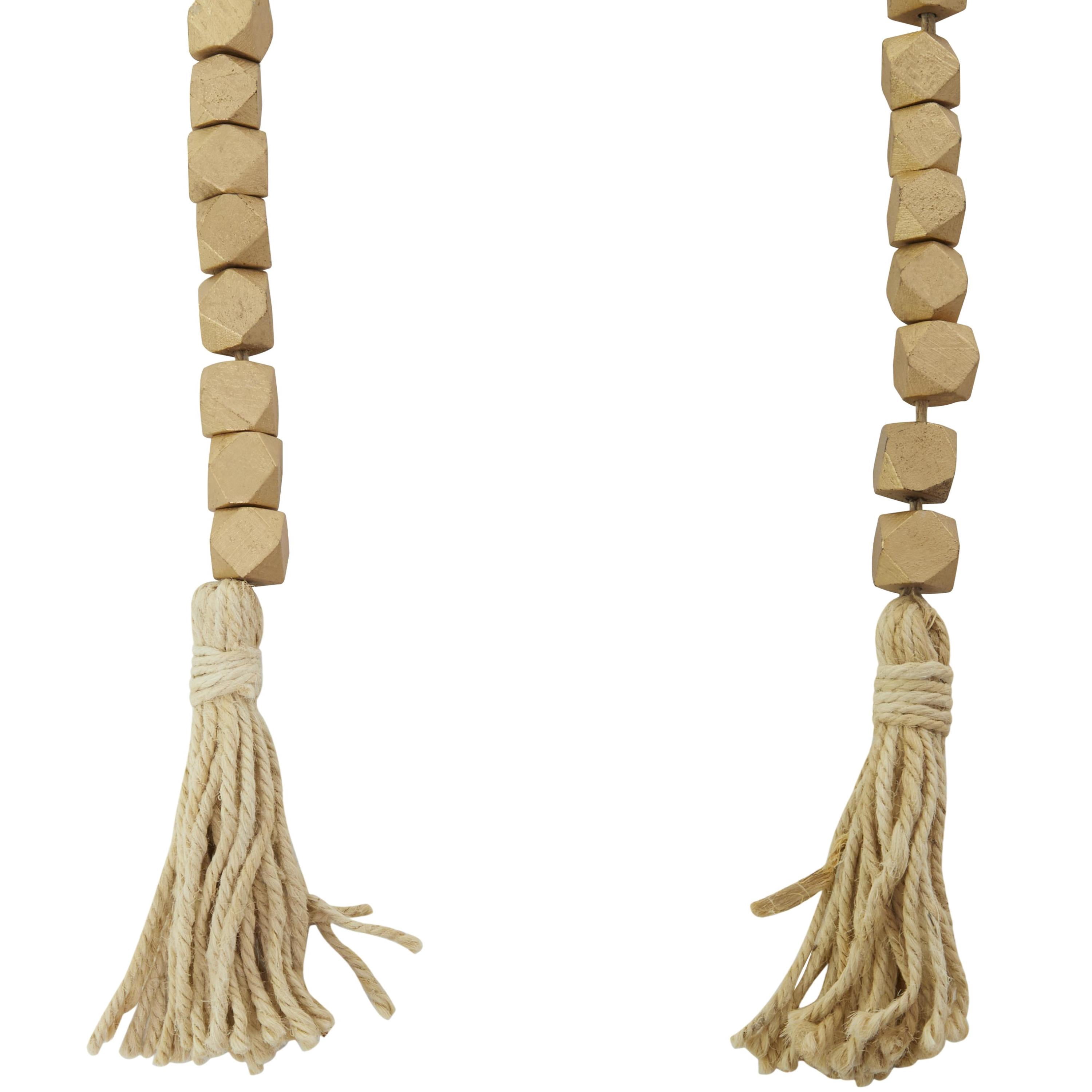DecMode Handmade Hexagon Metallic Carved Geometric Long Gold Mango Wood Garland with Tassel