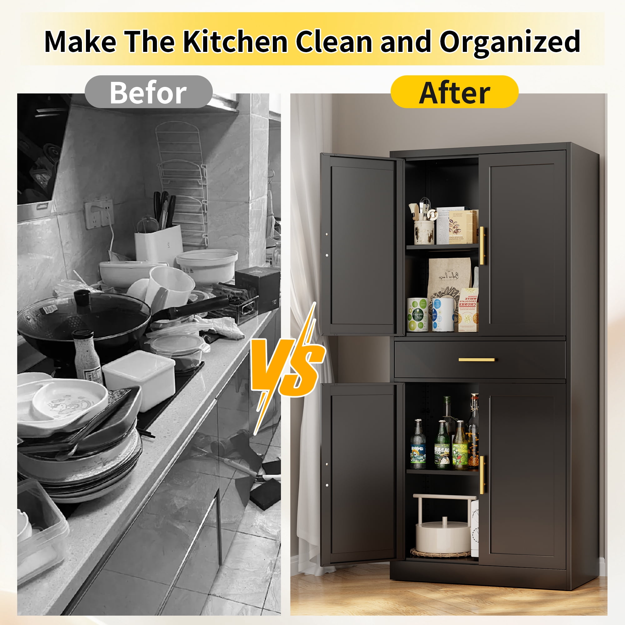 Metal Kitchen Pantry Cabinet, 71"Tall Cabinet with 1 Drawer, Doors and 2 Adjustable Shelves, Pantry Cabinets for Kitchen Storage, Metal Storage Cabinet for Kitchen, Dining Room, Living Room- Black