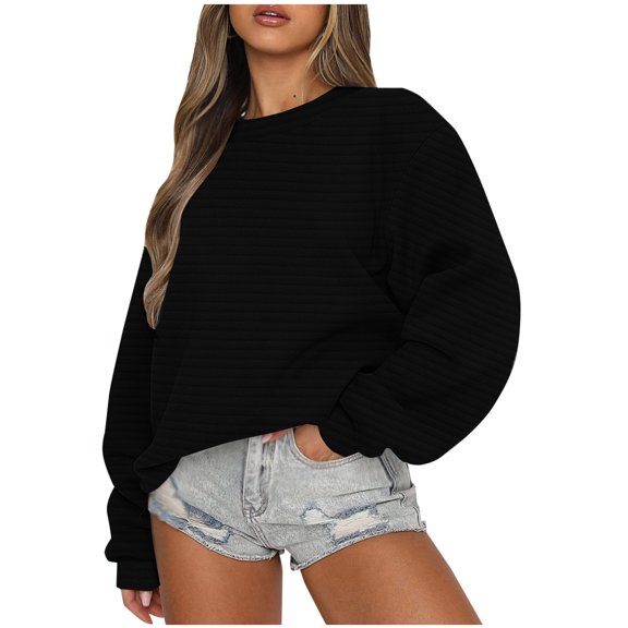 hxobax Womens Oversized Texture Sweatshirts Trendy Crewneck Balloon Sleeve Pullover Hoodies Sweaters