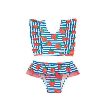 

CenturyX Lovely Kids Girls Bikini Set Cute Stripe Strawberry/Pineapple/Dot/Fish Scale/Flamingo Print Bikini Top+Ruffle Brief Swimwear Blue Strawberry 1-2 Years