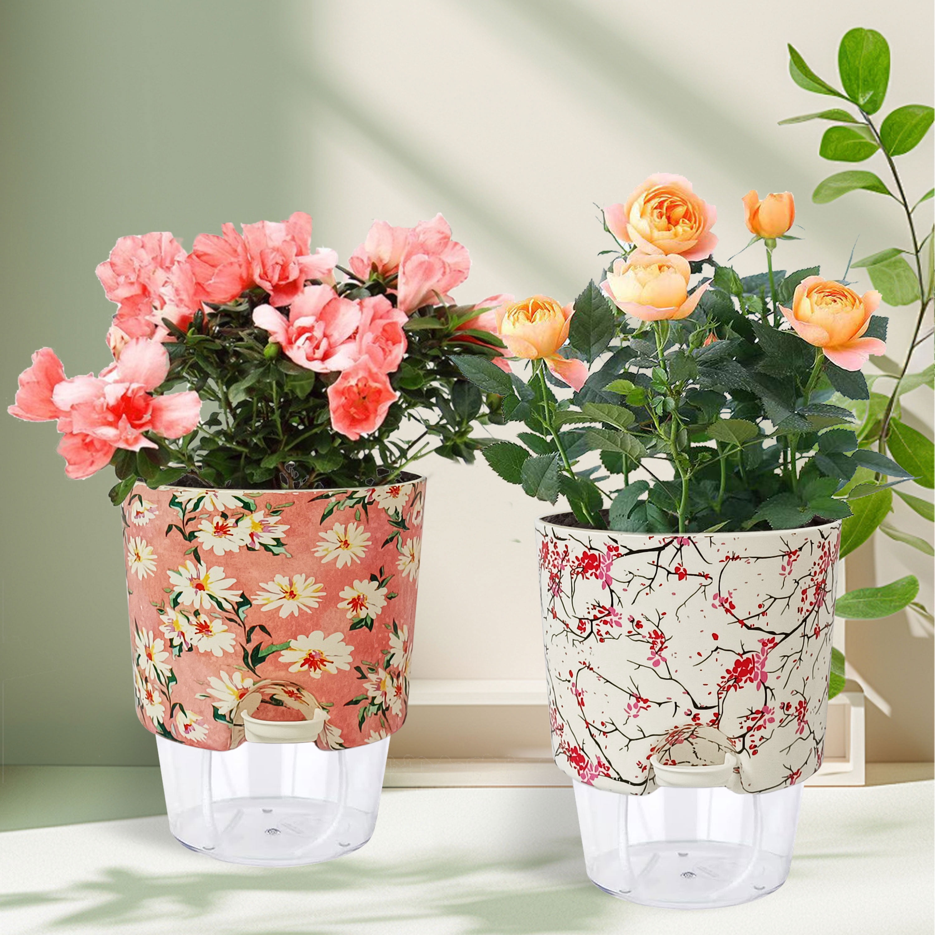 FCMSHAMD Plant Pots 5 inch Set of 2, Self Watering Flower Pots Indoor Outdoor, Self Watering Planters with Drainage Hole & Clear Saucer Reservoir