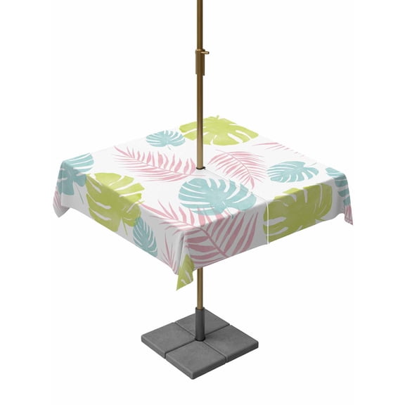 Outdoor Tablecloth with Umbrella Hole for Patio/Picnic/Party/Camping, Monstera Leaves Waterproof Table Cloth Square Cover Washable, Green Pink Tropical Summer Botanical (60"x 60")
