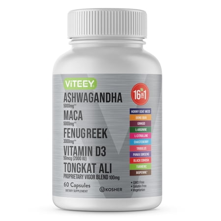 VITEEY 16 in 1 Fenugreek Maca Root and Ashwagandha Capsules, Calm, Relax, and Mood Booster, 60 Count