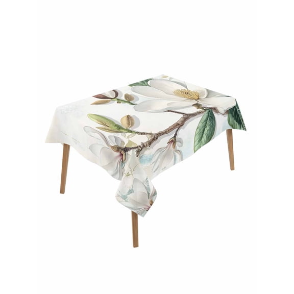 White Floral Table Cloth, Botanical Magnolia Flower Leaves Butterfly Waterproof Tablecloth for Rectangle Tables, Reusable Washable Fabric Table Cover for Restaurant Kitchen Dining Tables 52"x70"