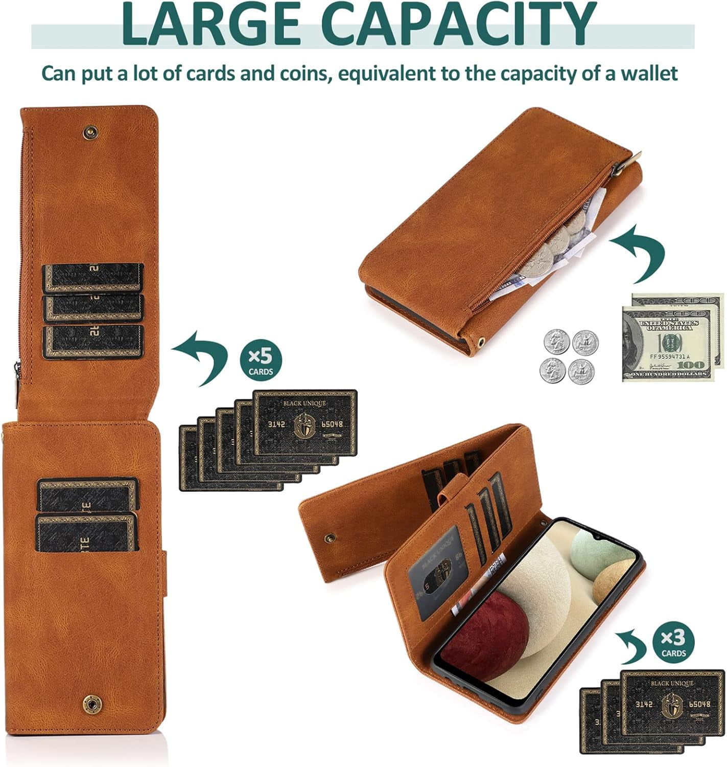 Compatible with Samsung Galaxy A12/M12 Wallet Case Tempered Glass Screen Protector Zipper Leather Flip Cover Card Holder Cell Phone Cases for Glaxay A 12 5G Gaxaly A-12 S12 12A 4G Women Men Brown