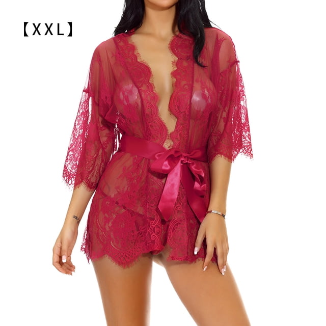 Mujeres Kimono Camisón Lencería de encaje Bata Sexy Malla de dormir, XXL, Rojo vino Methold XX000064-30