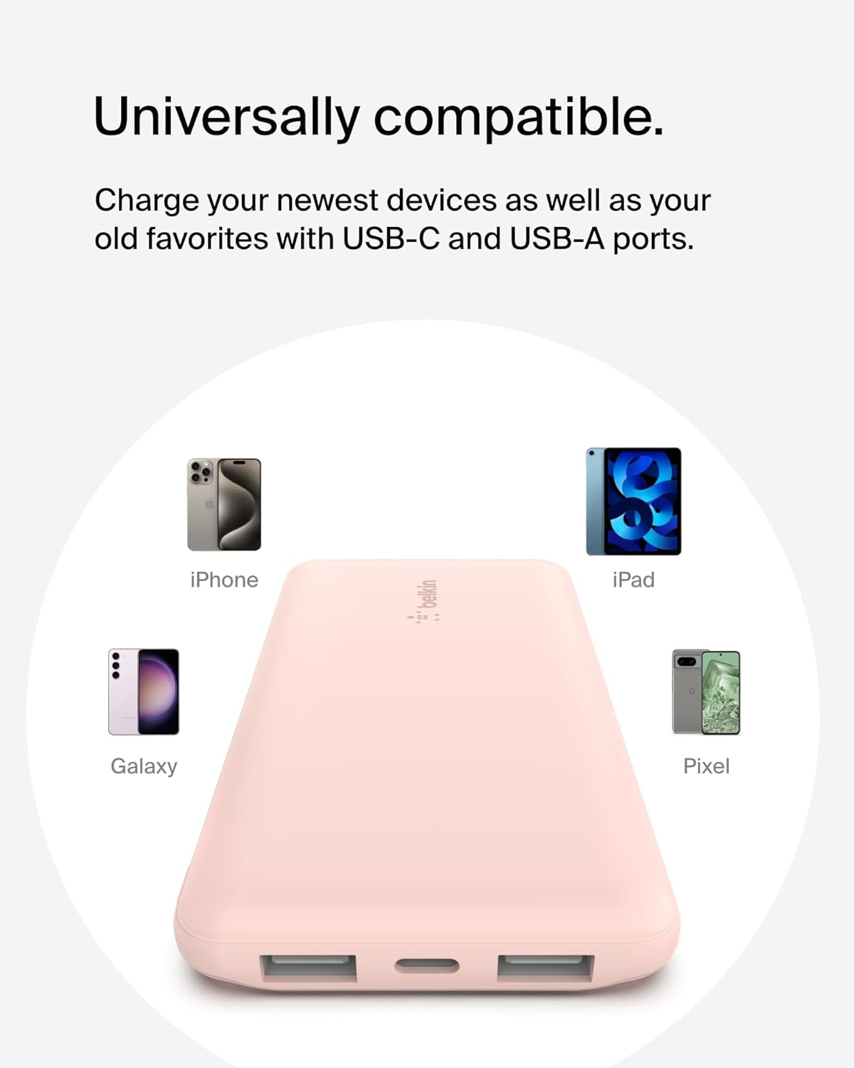 Belkin Portable Charger, USB-C Power Bank 10k w/ 1 USB-C Port and 2 USB-A Ports with USB-A to USB-C Cable for iPhone 16, 16 Plus, 16 Pro, 16 Pro Max, Samsung Galaxy S24, & More - Rose Gold
