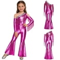 thumbnail image 5 of TiaoBug Girls Metallic One Shoulder Flared Jumpsuit 70s Disco Dance Outfit Kids Pageant Party Formal Romper Hot Pink 10, 5 of 7