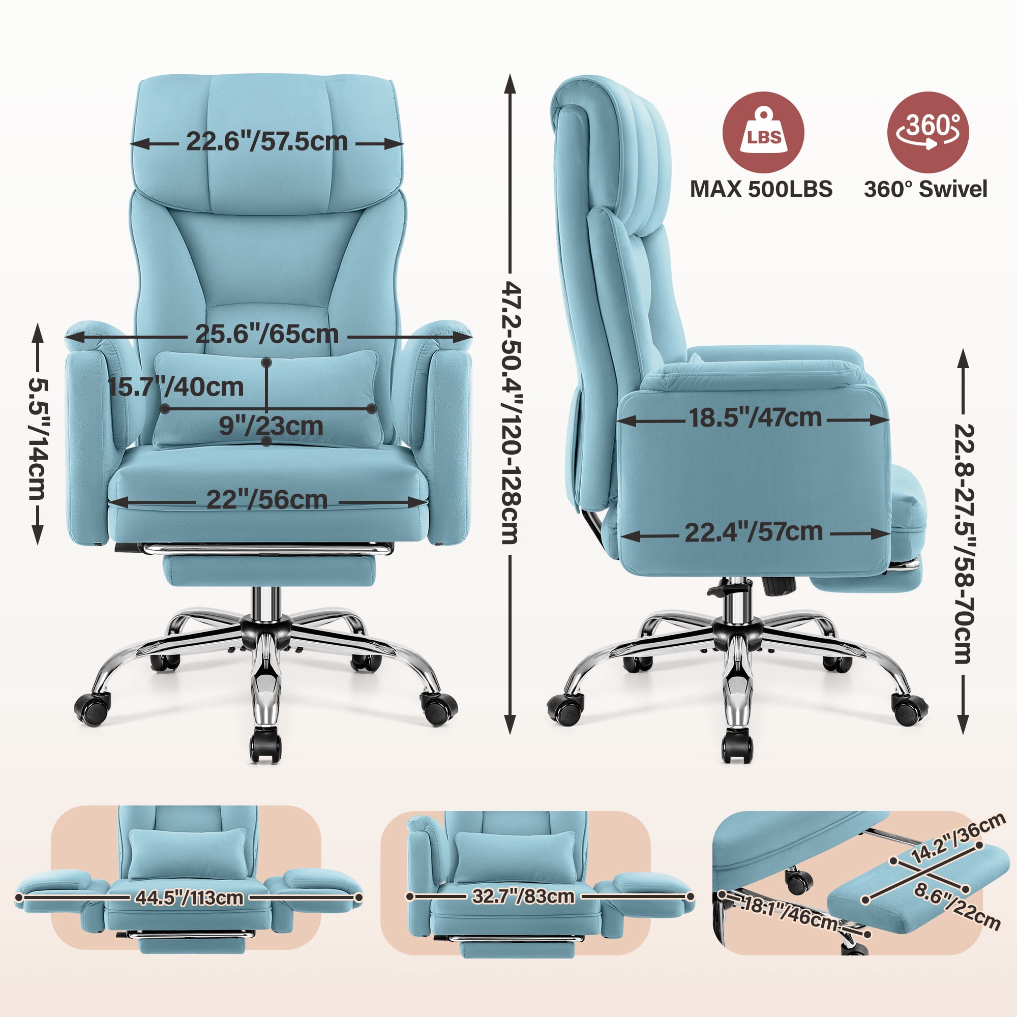 Primy Cross Legged Big and Tall Office Chair with Footrest & Convertible Armrests, 500LBS Velvet Home Desk Chair, Ergonomic Recliner with Lumbar Pillow, Criss Cross Soft-Cushioned Executive Chair
