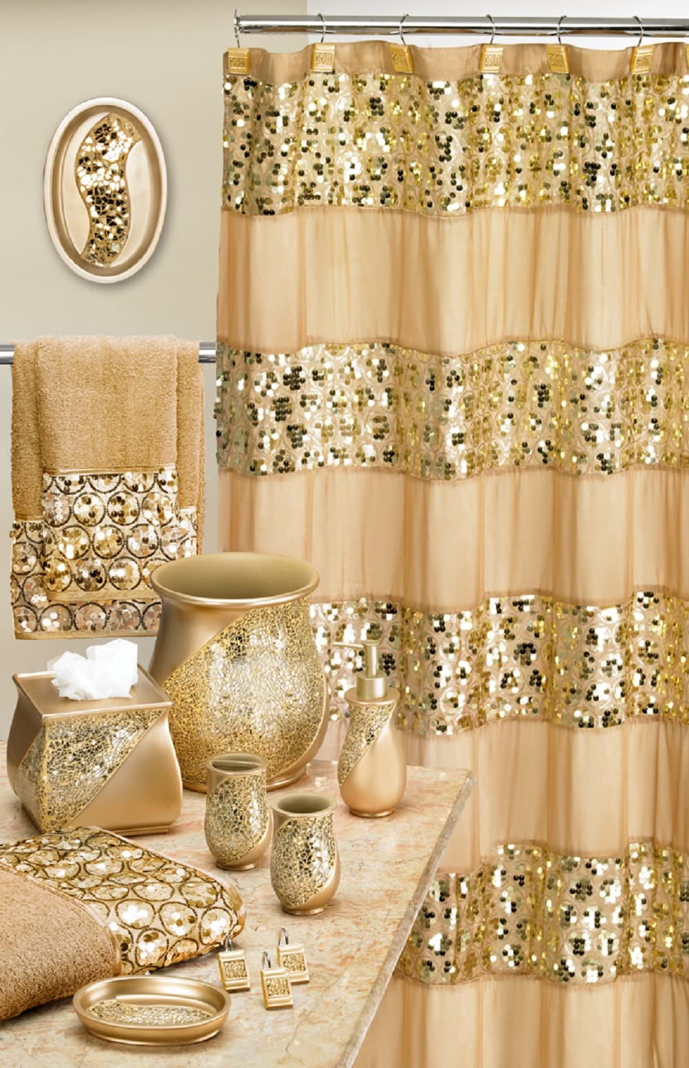 Zahari Home 4pc Sinatra Stylish Bathroom Accessories Set Champagne Gold Soap Dispenser Pump, Tumbler, Tooth Brush Holder and Soap Dish Modern Decor Bling Mosaic Glass Gold Bathroom Accessories