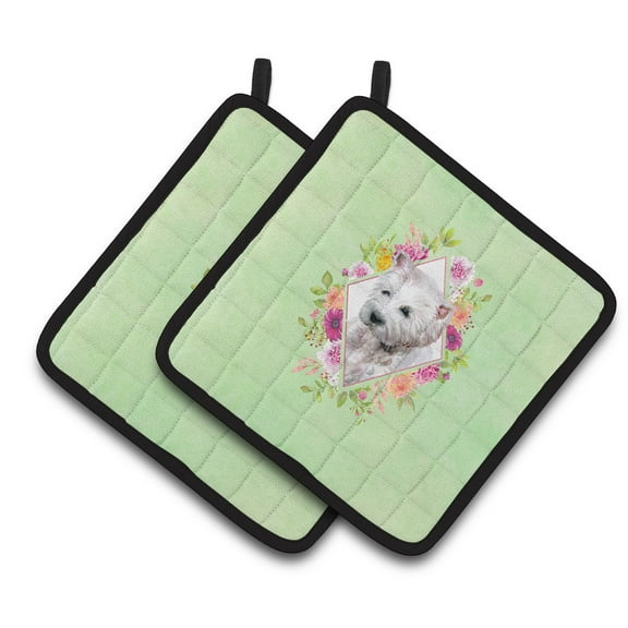 Carolines Treasures CK4353PTHD West Highland White Terrier Green Flowers Pair of Pot Holders 7.5HX7.5W multicolor