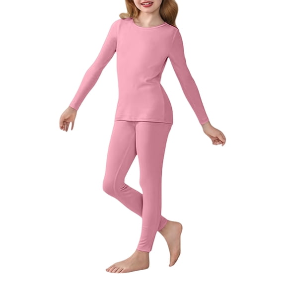 GiLiling Girls Thermal Underwear Set, Kids Fall Winter Long Sleeve Fleece Shirt and Pants Set, Toddler Boys Girls Plain 2-Piece Outfits (Pink, 5-6 Years)