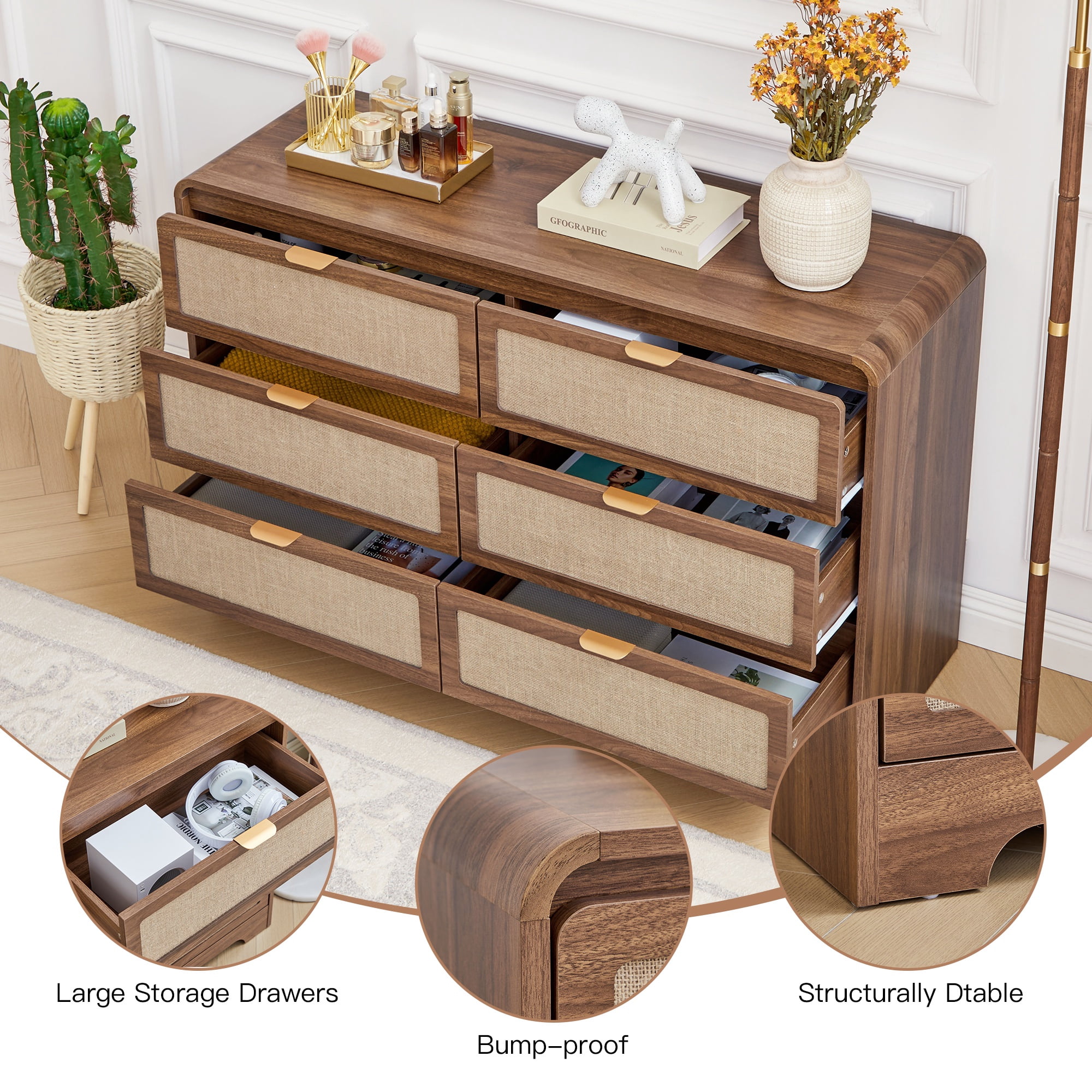 Wirrytor 6 Drawer Rattan Bedroom Dresser, Boho Double Chest of Drawers with Curved Edge, Wood Closet Storage Organizer, Walnut