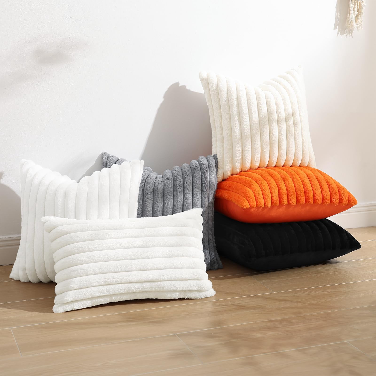 decorUhome Pack of 2 Faux Fur Plush Throw Pillow Covers 22x22, Soft Fluffy Striped Decorative Couch Pillow Covers , Black