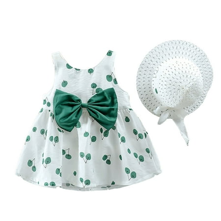 

DNDKILG Infant Baby Toddler Girls Outfits Short Sleeve Dress and Set Print Clothes Set Summer with Sun Hat Army Green 6M-3Y 100