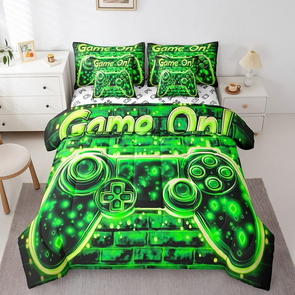 Gaming 7 Pieces Bedding Set Full Bed in a Bag, Game Neon Gamepad Comforter Set with Comforter,Flat,Fitted Sheet,Pillowcases,Pillow Covers,Teens Game Lover Soft Warm Bedding