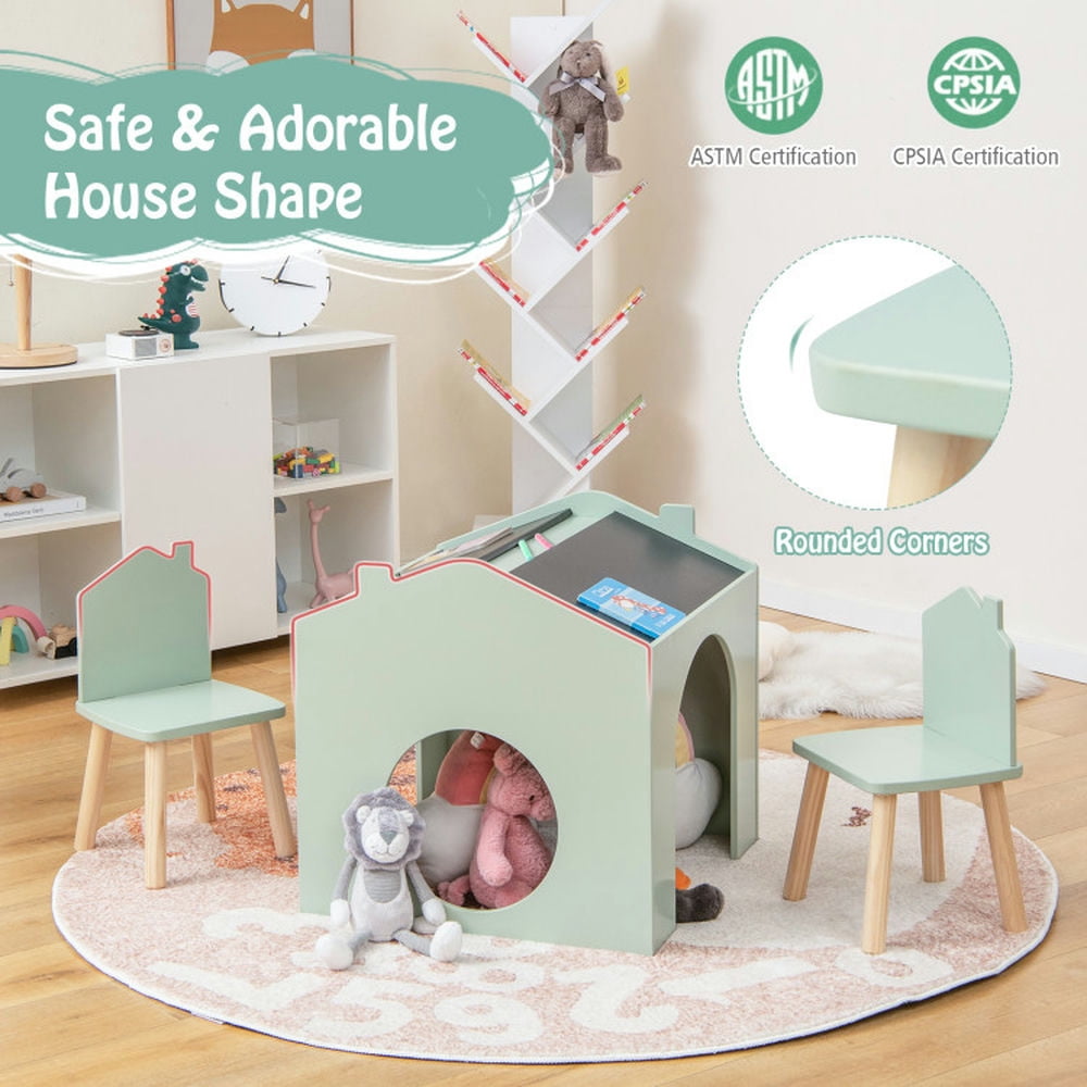 Resenkos 3 Pieces Wooden Kids Table and Chair Set-Green, Small Folding Table for Arts & Crafts, Snack Time, Homeschooling, Homework