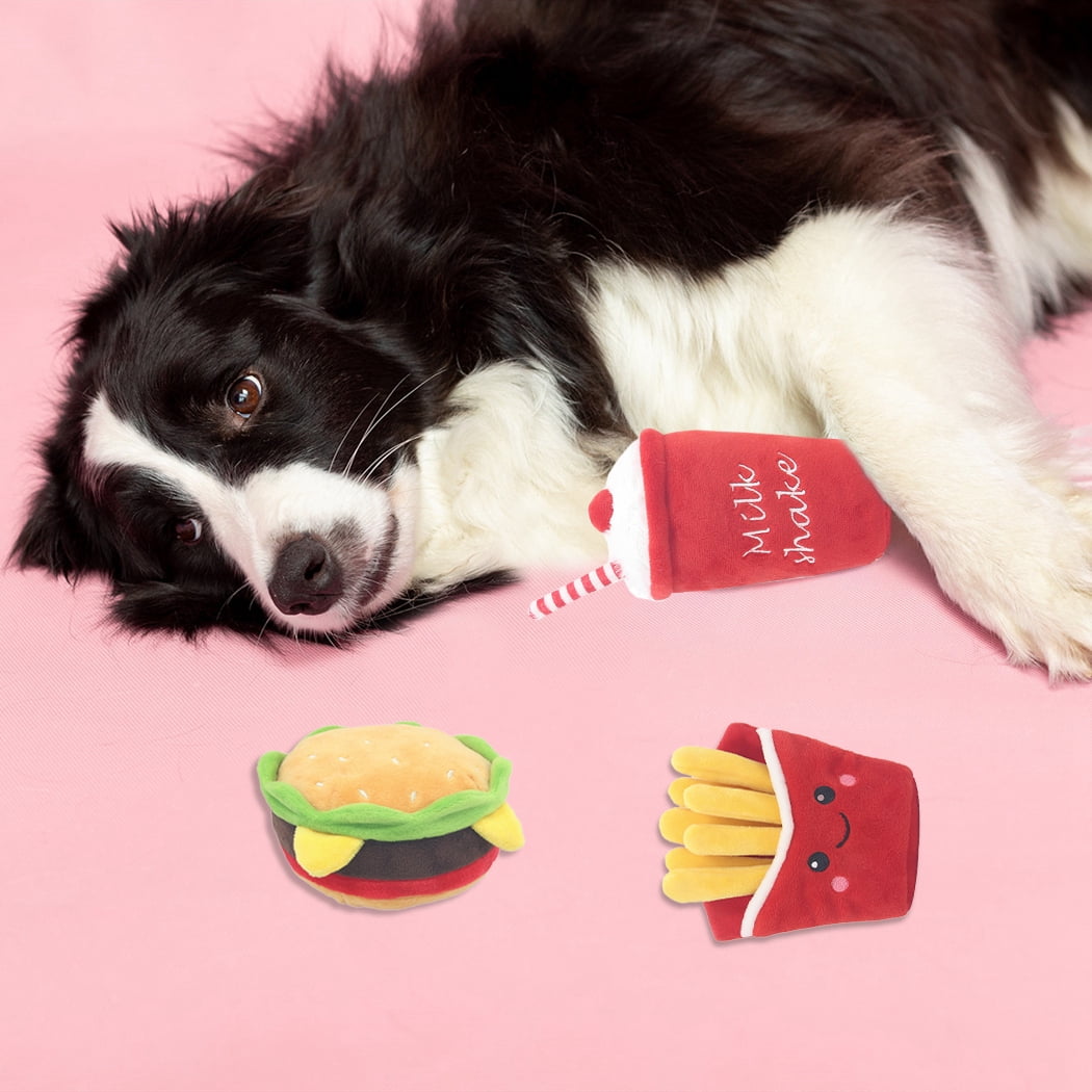 Nobrand 3pcs Pet Plush Toy Creative Fries Hamburger Milkshake Pet Chew Toy Dog Sound Toy Multicolor