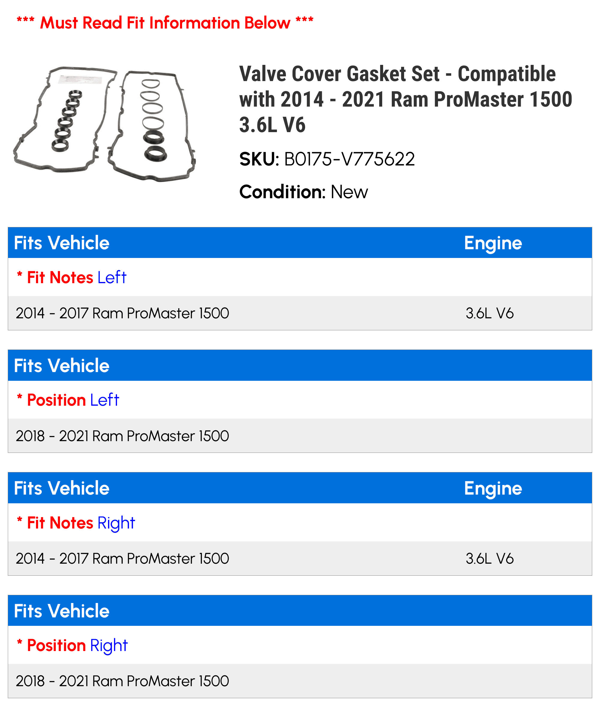 Valve Cover Gasket Set - Compatible with 2014 - 2021 Ram ProMaster 1500 3.6L V6 2015 2016 2017 2018 2019 2020