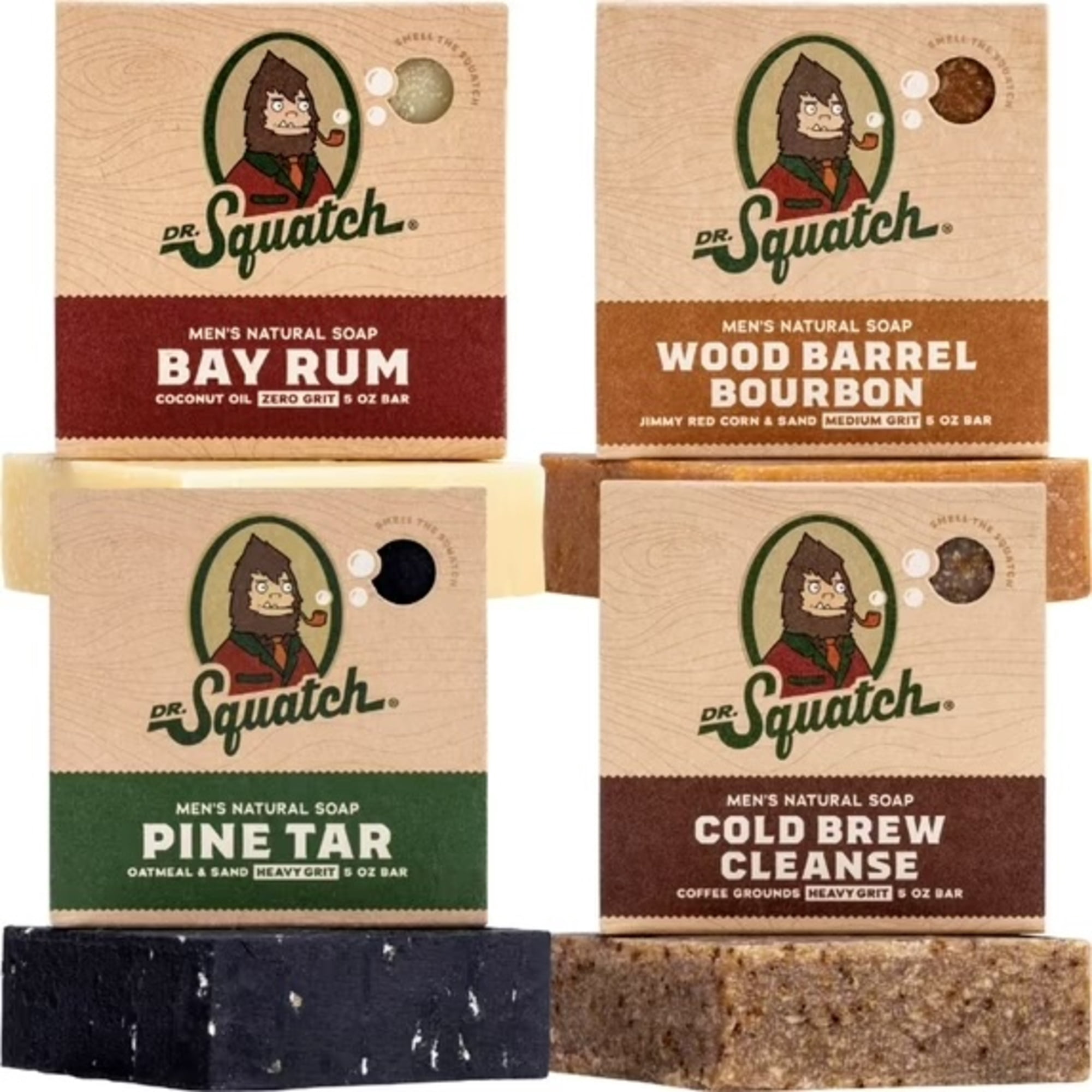 Dr. Squatch Bar Soap for Men - Cold Process, No Harsh Chemicals - Pine Tar, Wood Barrel Bourbon, Cold Brew Cleanse, Bay Rum (5 oz, 4-Pack)