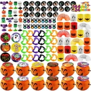 JOYIN 144 Pcs Halloween Toy Gifts for Kids, 24 Packs Prefilled Mini Pumpkin Buckets with Spider Rings, Poppers, Spring, Vampire Teeth and Spinning Tops for Kids Halloween Party Favors Trick or Treat