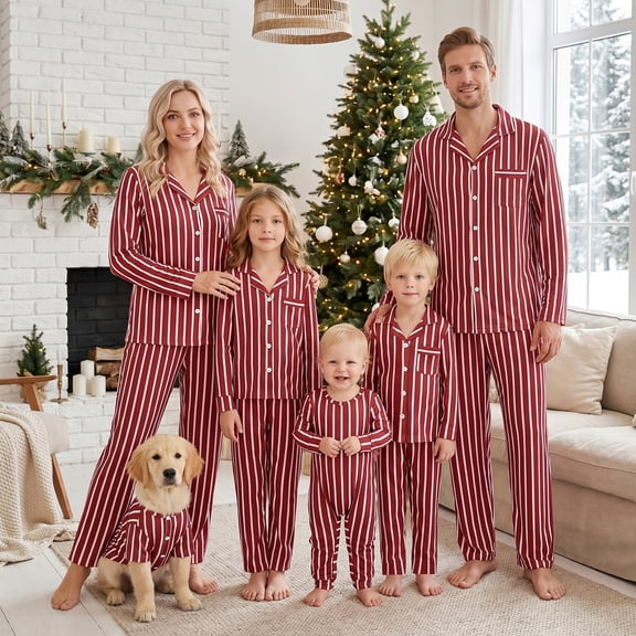 Family Christmas Matching Pajamas Set with Dog Striped Button Down Family Sleepwear Outfits