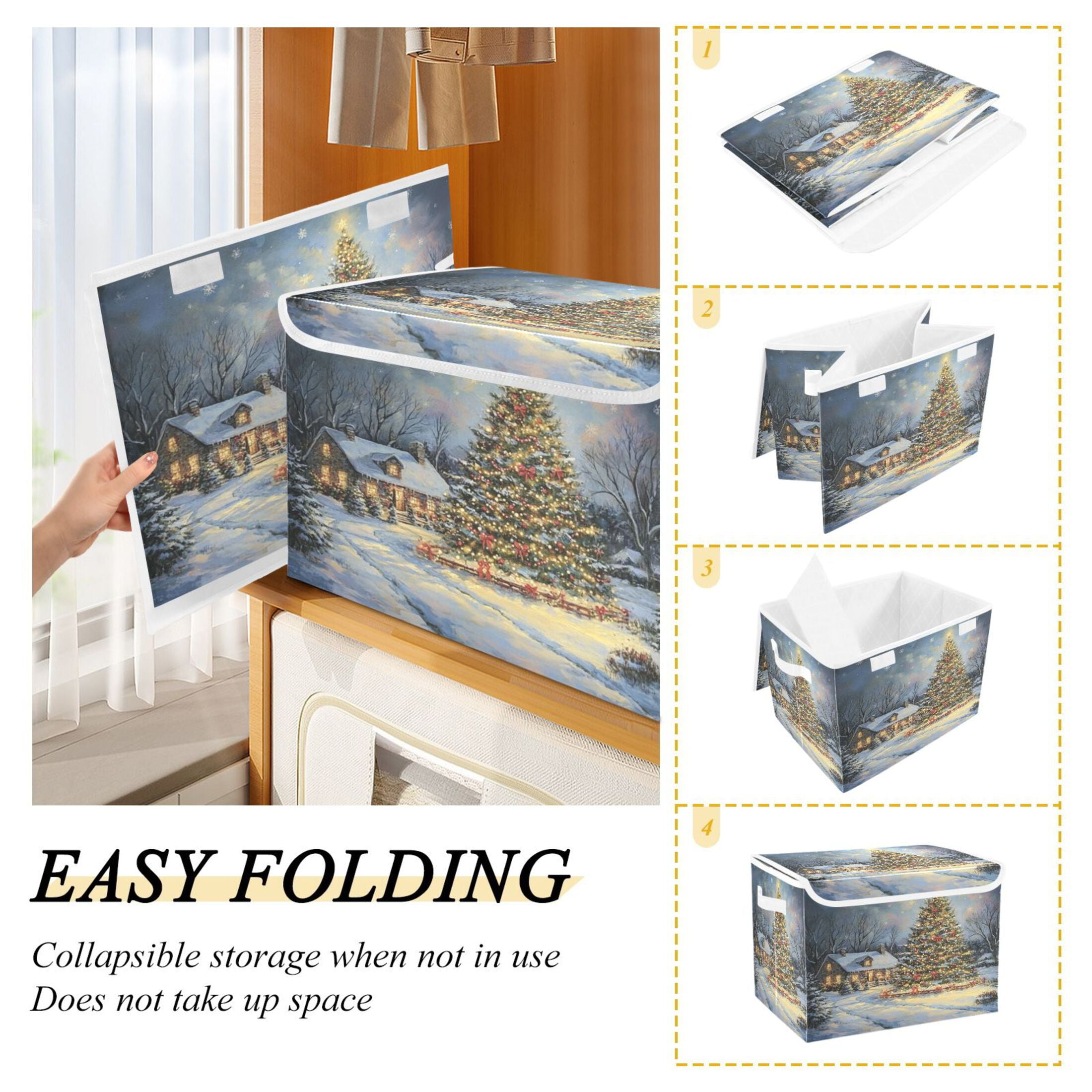 Storage Box With Lid 16.5x12.6x11.8In Foldable Stacked Household Storage Box Christmas House and Tree Picture