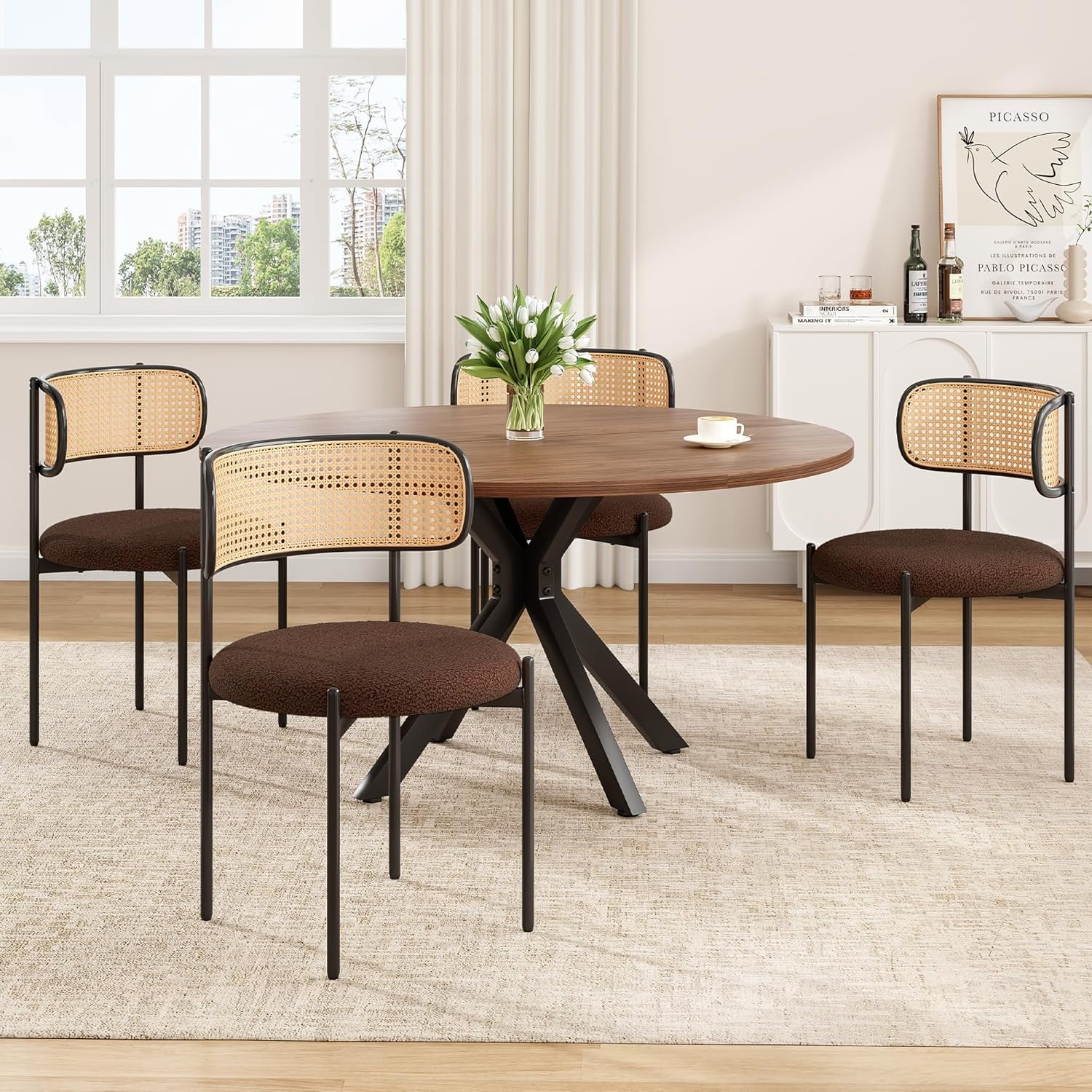 Farini 47" Round Dining Table, Mid-Century Modern Wood Table with Metal Base, Seats 4-6, for Kitchen or Dining Room, Walnut