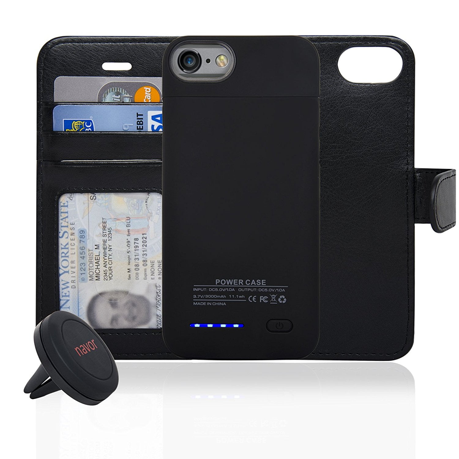 Navor RFID Folio Wallet Detachable Power Battery Case 3000mAh