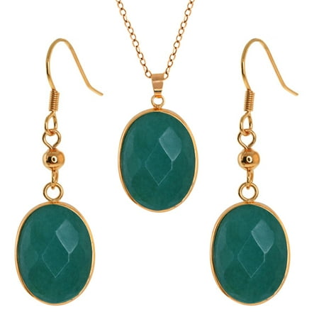 Stunning Jadelite Faceted Cyan Color Oval Pendant and Earrings Set