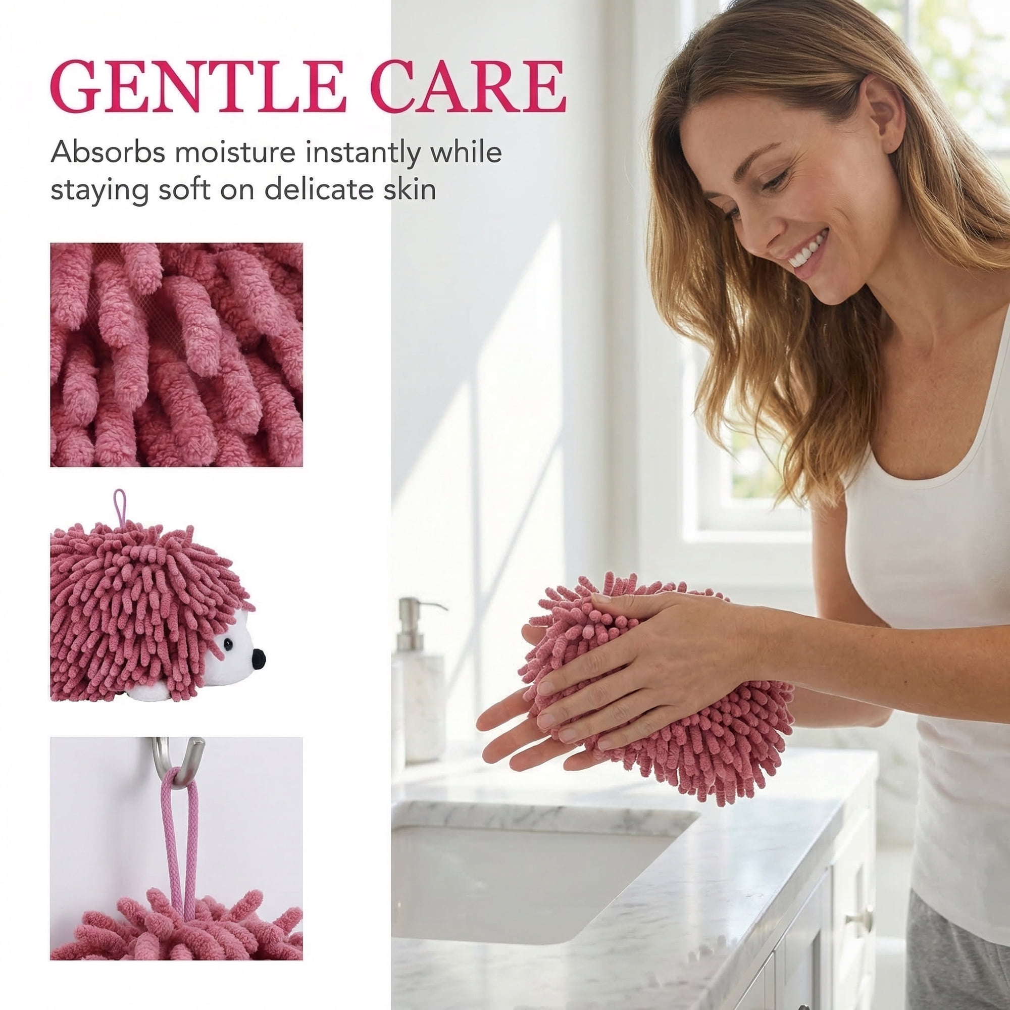 Unique Bargains Cute Animal Chenille Hanging Hand Towel for Kitchen Rose Red 10" x 6"