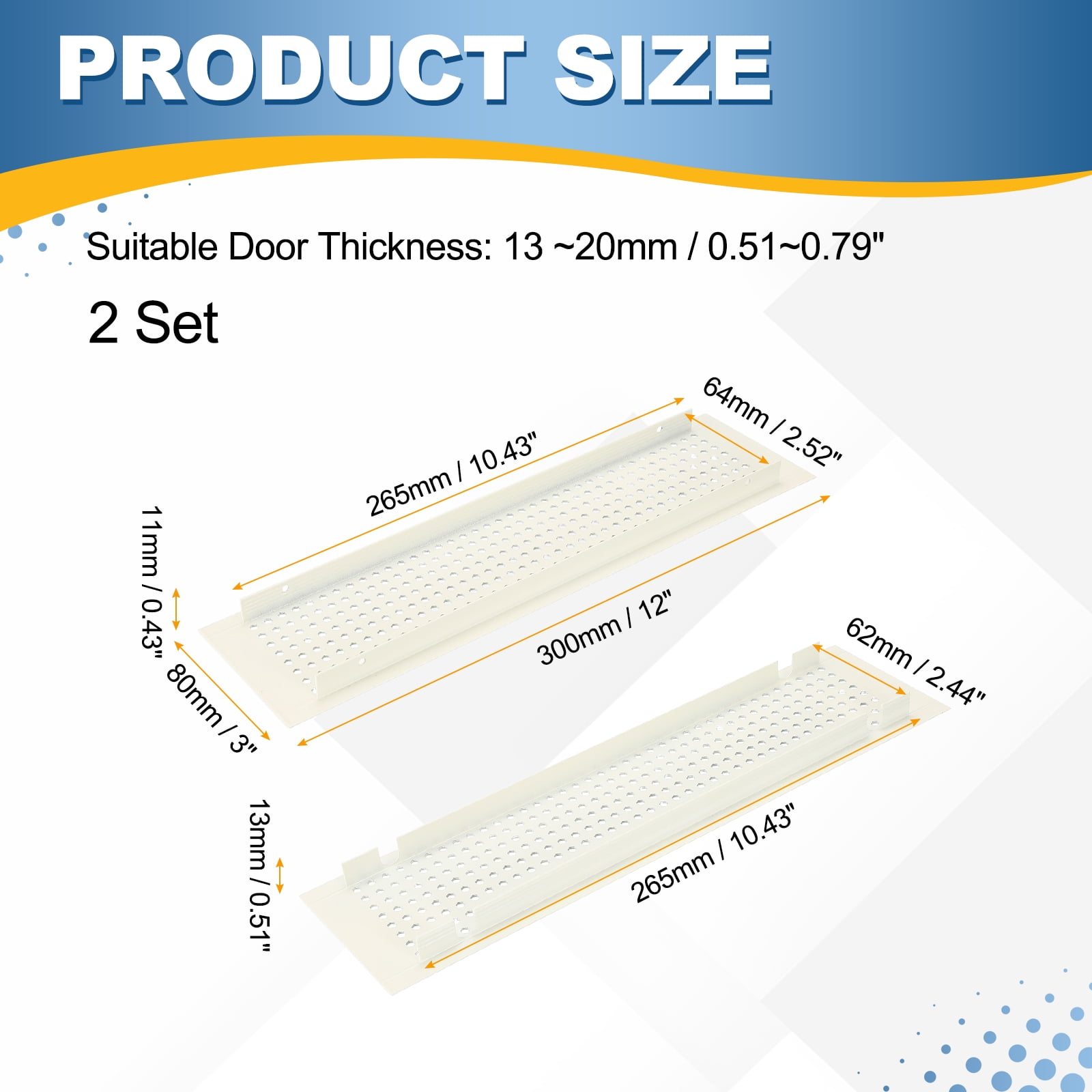 Uxcell 2 PCS Door Air Vent Cover, 12 x 3 Inch (LxW) Cabinet Vent Two Sided Door Grille Heavy Duty Rust-Proof for Floor Cabinet Bathroom Kitchen, White (Openings 10.43 x 2.52)