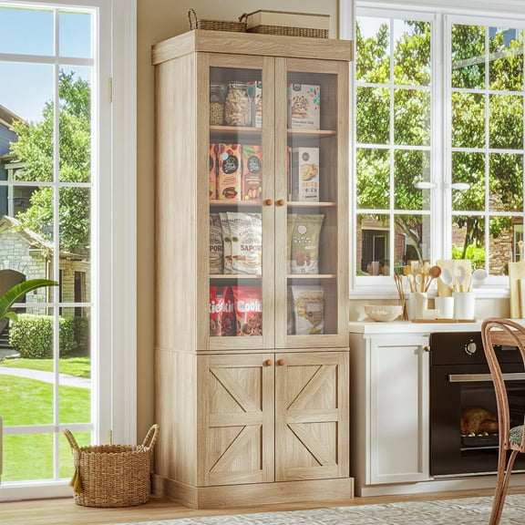 71" Tall Farmhouse Kitchen Pantry – Large Storage Cabinet with Glass Doors & Adjustable Shelves, Versatile Wood Hutch for Living Room & Dining Room, Brown