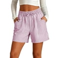 thumbnail image 3 of Striped Linen Shorts for Women Drawstring High Waisted Bermuda Shorts Summer Casual Loose Fit Bottoms with Pockets, M, 3 of 4