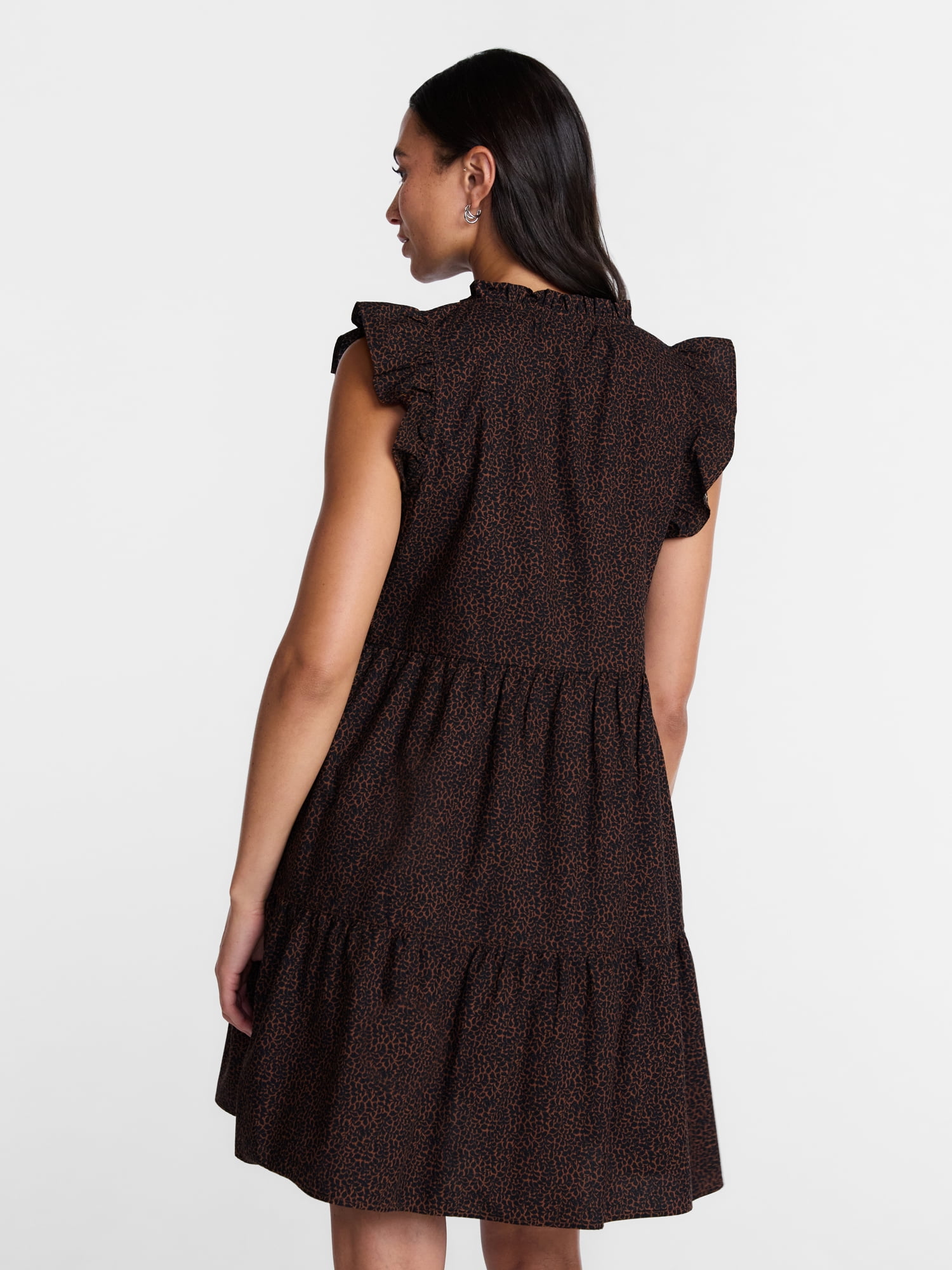 Time and Tru Women's and Women's Plus Tiered Cotton Mini Dress with Flutter Sleeves, Sizes XS-4X