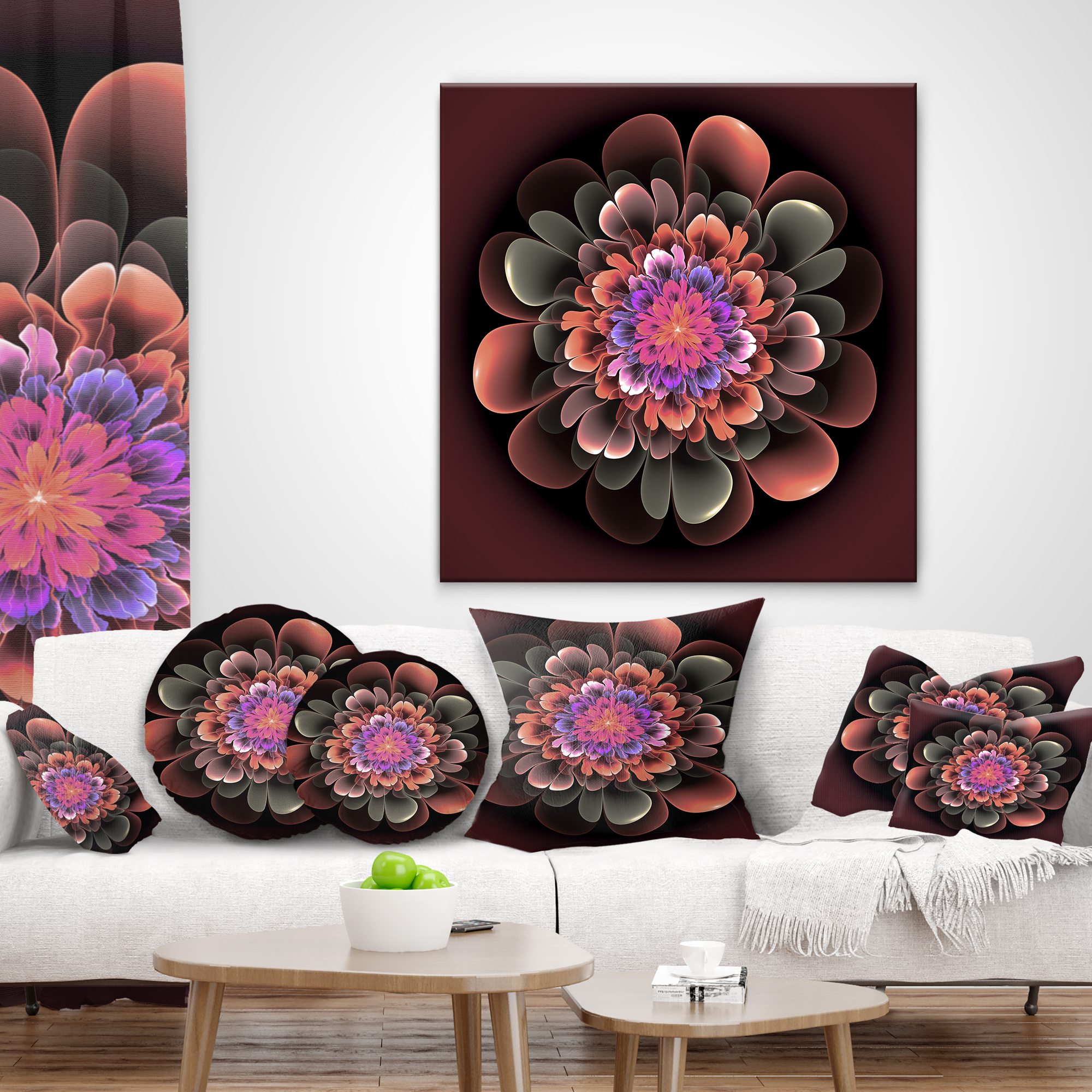 Designart Perfect Fractal Flower in Dark Brown - Floral Throw Pillow - 16x16