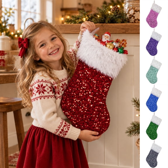 PryvnHome Christmas Stocking Sequin Stocking with Faux Fur Trim and Hanging Loop for Tree Decoration Candy Bag