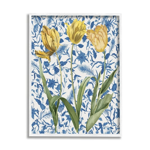 Stupell Industries Three Tulips on Toile Botanical & Floral Painting White Framed Art Print Wall Art, 16 x 20