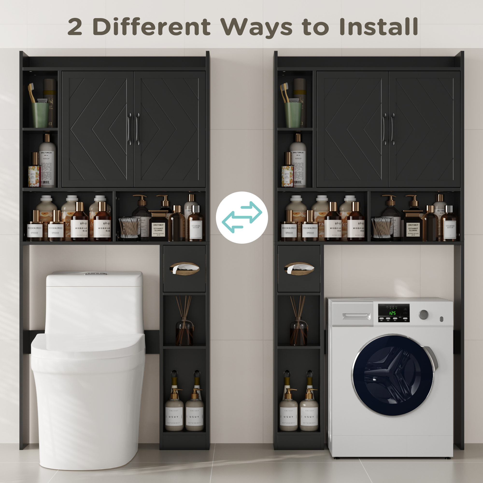 DIYART 67.8" H Over The Toilet Storage Cabinet with Adjustable Shelves & Toilet Paper Holder, Farmhouse Over Toilet Bathroom Organizer, Double Door Toilet Cabinet for Bathroom, and Laundry, Black