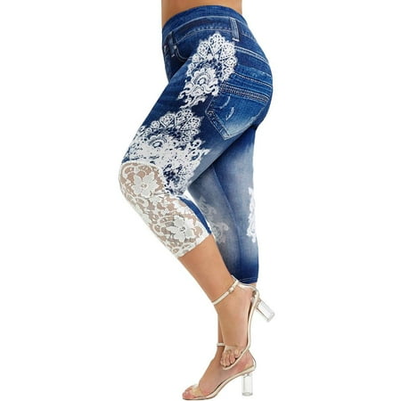 Deals of the Day Jovati Jean Leggings for Women Fall Plus Size Lace Printed Denim High Waisted Yoga Pants Stretch Jean Look Jeggings Tights on Clearance