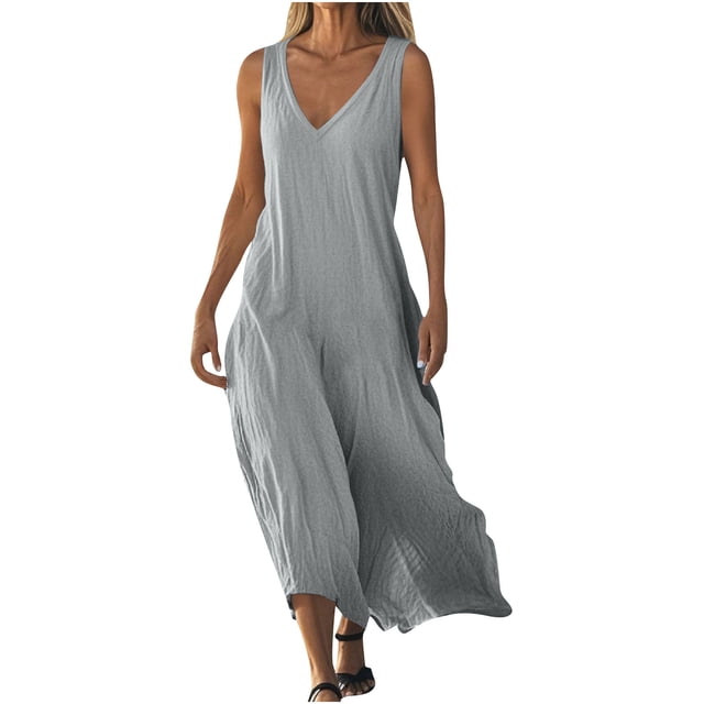 Admvng Robes pour Femmes Décontractées à Col en V Sans Manches Robe d'Été Grande Taille Ample Longue Robe de Plage d'Été P-2TG