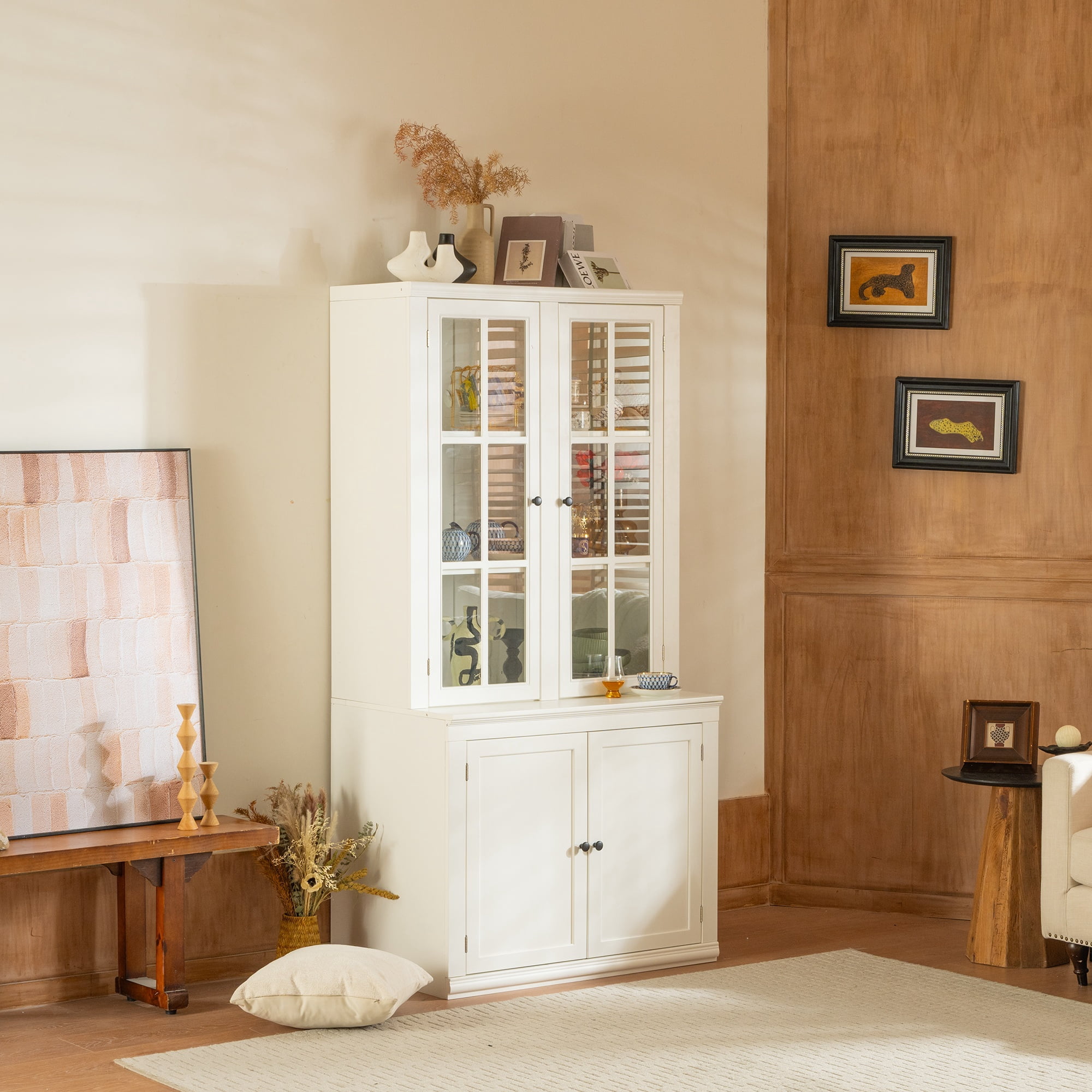 75" Tall Pantry Cabinet, Modern Kitchen Hutch with 4 Doors, Adjustable Shelves, Countertop, Wood Display Cabinet, Cupboard for Living Room, Hallway