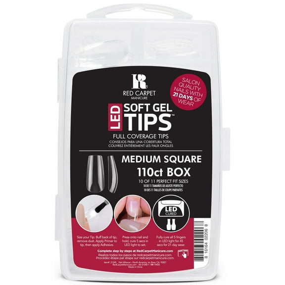 Red Carpet Manicure Soft Gel Tips - Full Coverage, Flexible, Break-Resistant, 21-Day Wear, UV/LED Cured Gel Adhesion for Natural Look (Medium Square, 110 Count)