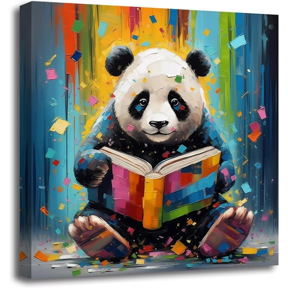 ZHONGYUTONG Panda Wall Art Cute Panda Reading Book Poster Prints Abstract Colorful Animal Canvas Picture Funny Artwork for Nursery Kids Room Classroom Decor (12.00" x 12.00")