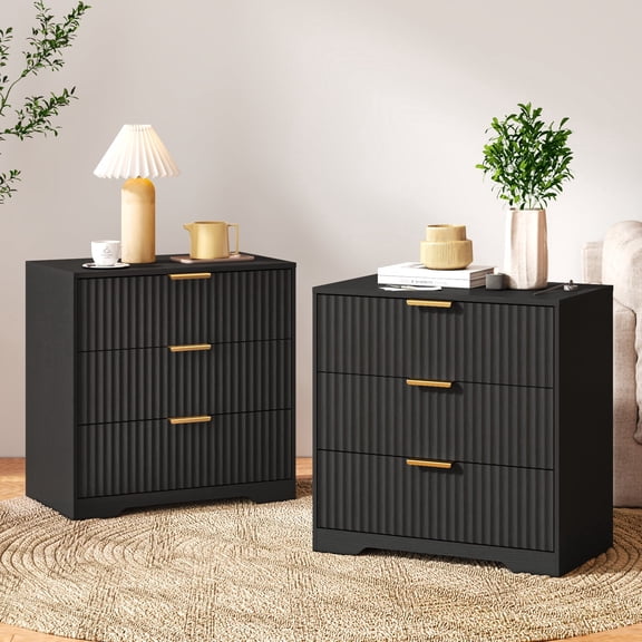 Tydimor Modern Nightstand with 3 Wooden Drawers, Bedside Table for Living Room, Black,Set of two
