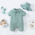 thumbnail image 2 of Kucnuzki Infant Baby Boy Clothes 12 Months Spring Summer Jumpsuit Bodysuit 18 Months Short Sleeve Solid Color Plain Stylish Button-Up Collar Overall Jumpsuit Hat 2PCS Set Green, 2 of 8